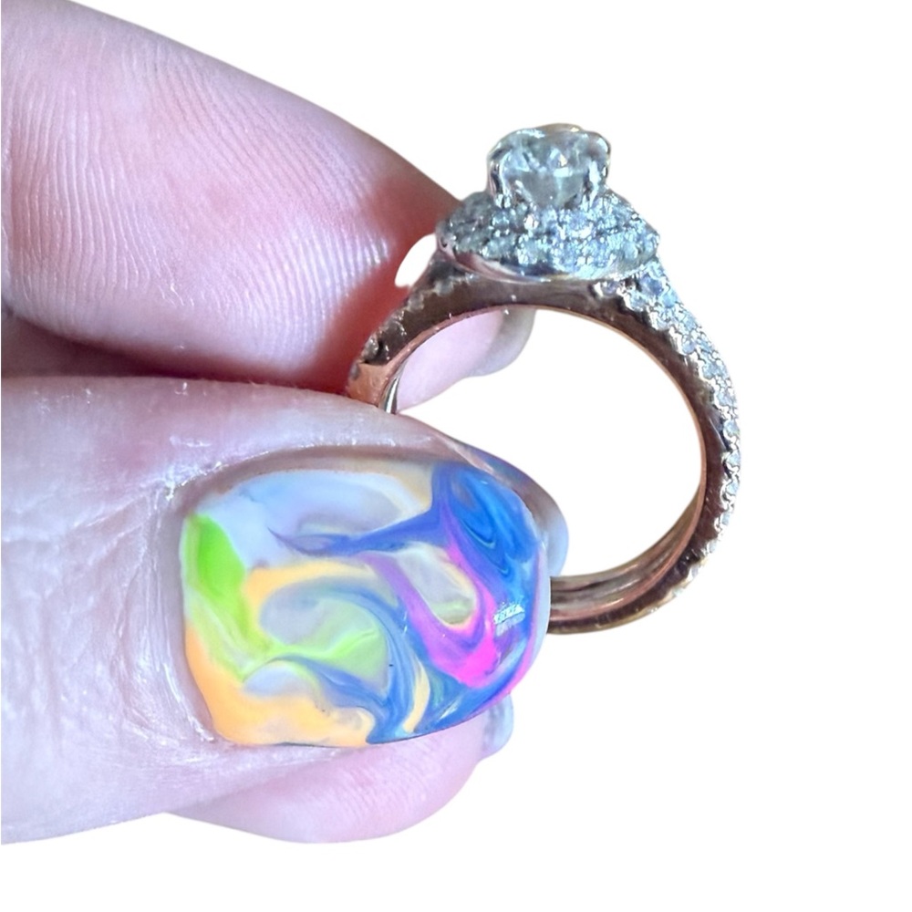 14k Halo Oval Diamond Engagement Ring with 2 rose gold diamond pavè bands. - Picture 3 of 12